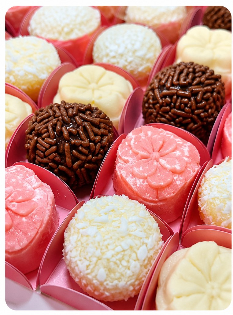 Variedade de docinhos de festa: brigadeiro, beijinho, moranguinho e mais